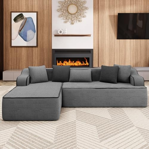 ALPHA HOME Ecksofa mit Schlaffunktion, L-Form Boneless Couch | Modulares Sofa mit 5 Zierkissen für das Wohnzimmer, Montagefrei, Cord, Grau