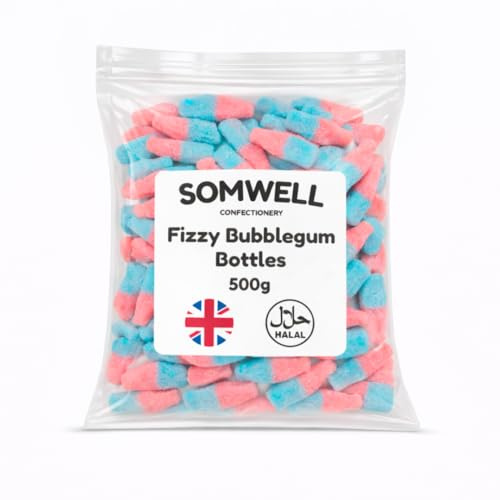 Somwell - Fizzy Bubblegum Bottles 500g - Halal Sweets - Retro Pick & Mix Jellies - Ideal Bulk Party Chewy Sweets, Birthday Candy, Cake Decorations & Sharing - Resealable Pouch