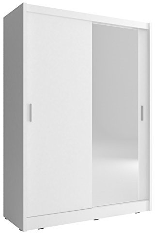 Kleiderschrank mit Spiegel Schwebetürenschrank 2-türig mit Einlegeböden und Kleiderstange Schlafzimmer- Wohnzimmerschrank Schrank Gaderobe Schiebtüren Borneo A1 (Weiß, 150 cm)