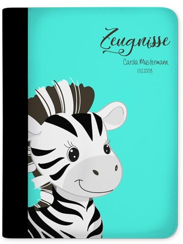CreaDesign, Kinder Zeugnismappe personalisiert mit Namen, Zeugnis Mappe Zebra Türkis, DIN A4, 26,7 x 32,7 x 1 cm, Rücken schwarz