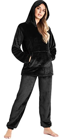 CityComfort Pyjamas Set for Women and Teens Fleece Hooded Long PJs Warm Loungewear Fluffy Nightwear Soft Cosy Sleepwear Gifts for Her (Black, XL)