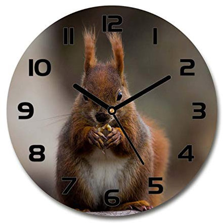 Tulup Glasuhr ⌀ 30cm - Schwarze Zeigern - Wanduhr Wandkunst Bild Gehärtetem Glas Uhr Echtglas Küche Wohnzimmer - Eichhörnchen