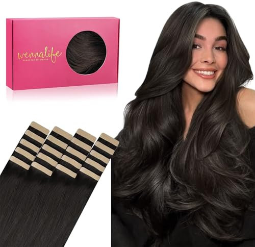 WENNALIFE Tape Extensions Echthaar, 20pcs 50g 55cm 22 Zoll Dunkel Braun Remy Invisible Tape Extensions Seidig Gerade Echthaar Extensions Skin Weft Tape Ins