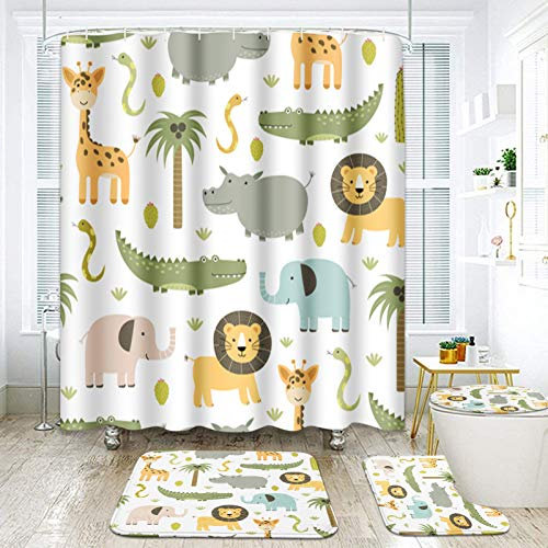 ArtSocket Duschvorhang-Set, süßes Nilpferd, Krokodil, Löwe, Elefant, Giraffe, kindlich, bunt, mit rutschfesten Teppichen, WC-Deckelbezug und Badematte, Badezimmer-Dekor-Set, 182,9 x 182,9 cm, 4-teilig