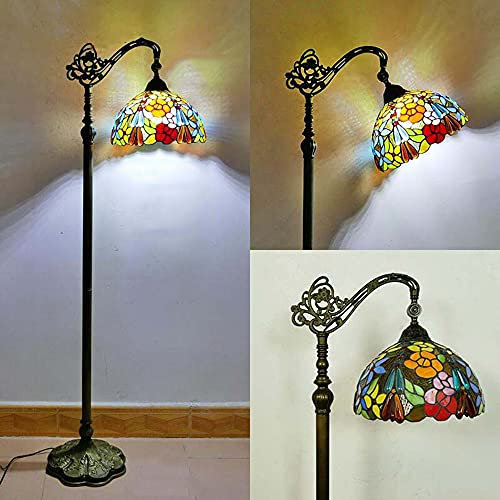 Tiffany Stil Schlafzimmer Stehleuchte mit Fußschalter Vintage Stehlampe mit ländlich Blumen Buntglasschirm Antik Standlampe für Cafe Wohnzimmerlampe Bürolichter E27 verstellbare Lampenfassung 165CM