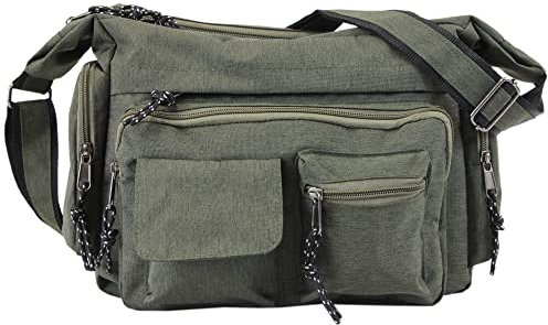 irisaa Umhängetasche Damen, Canvas Multifunkionale Schultertasche, Casual Handtasche mit vielen fächern für Schule Shopping Arbeit, Unisex, Damen Tasche:Grün