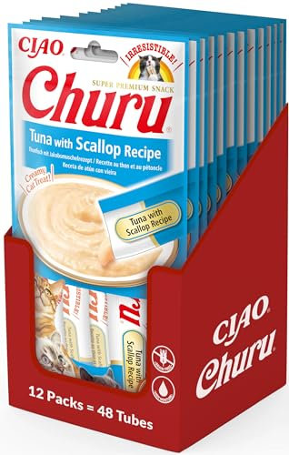 INABA Churu Puree Katzenleckerlis Creamy Snacks, Hochwertige Proteine mit Thunfisch & Jakobsmuschel 56 g (12er Pack), Katzensnacks in Premium Qualität