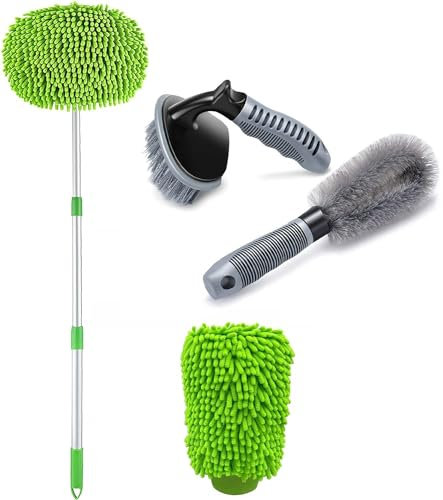 Car Wash Cleaning Kit, Car Wash Brush Mop with Chenille Microfiber Washing Mitt Car Microfiber Glove and Car Wheel Cleaning Brush Set, Wheel Washing Tool Rim Cleaner