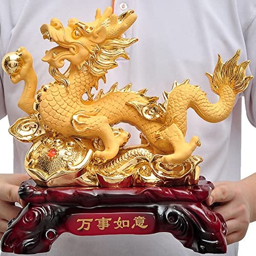 Uziqueif Feng Shui Geld Glück Glücklicher Vermögen Reichtum Chinesische Drache Statue Münze Home Büro Dekoration Tischtischornamente Gute Glücksgeschenke, Harz,Sand Gold,33 * 17 * 31cm