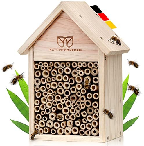 Nature Conform Bienenhotel aus Naturholz - NEUAUFLAGE 2024 | Insektenhotel Saubere Verarbeitung mit Bambusröhrchen | Nisthilfe Wildbienenhotel Garten und Balkon | Bienenhaus