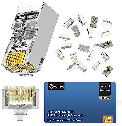 AVARTEK Shielded RJ45 Cat5 CAT5e Cat6 Pass Through Connectors 100 Pack – Ethernet Gold Plated Connector End Plug For Cat6/Cat5/Cat5e UTP Solid & Stranded Network Cable