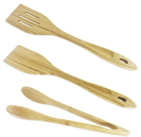 LyfLux Lot de 3 ustensiles en bambou, 2 spatules en bambou, 1 pince pour cuisine, ustensiles de cuisine, utilisés pour la cuisine, la décoration des aliments, remuer les légumes (30 à 33 cm)