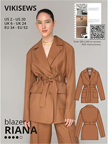 Vikisews Schnittmuster für Damen – Riana Blazer Schnittmuster für Damen, Größe US2 – US20 Übergröße, geeignet für Anfänger mit leicht verständlicher Nähanleitung (evtl. nicht in deutscher Sprache)