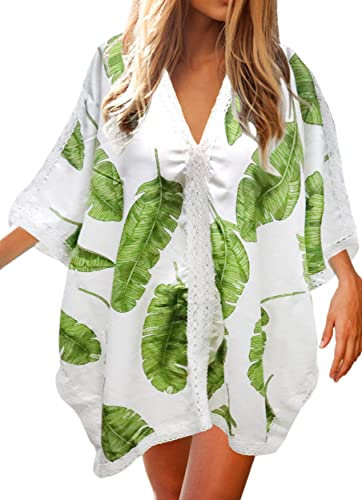JFAN Robe De Plage Femme Ete Copricostumi Maillot De Bain Chemisier Pareo Femme Plage,Taille Unique-Feuilles Blanches