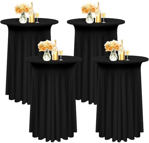 4er-Set runde Cocktail-Tischdecken mit gewellten Vorhängen, Stretch-Stehtischröcke für Bistrotische Ø 80–85 cm, Cocktailtischdecken mit hoher Tischabdeckung für Stehtische (80 x 110 cm, schwarz)