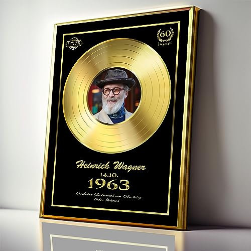 DUOMIO Goldene Schallplatte personalisiert inklusive edlem Rahmen | 3 Größen, Design, Hintergrundfarbe frei-wählbar| High-Quality Druck
