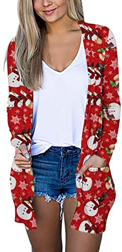 Cardigan a maniche lunghe da donna, stampa natalizia, autunno, cardigan aperto con tasche, spolverino casual, cardigan leggero dolcevita, Colore: rosso, L