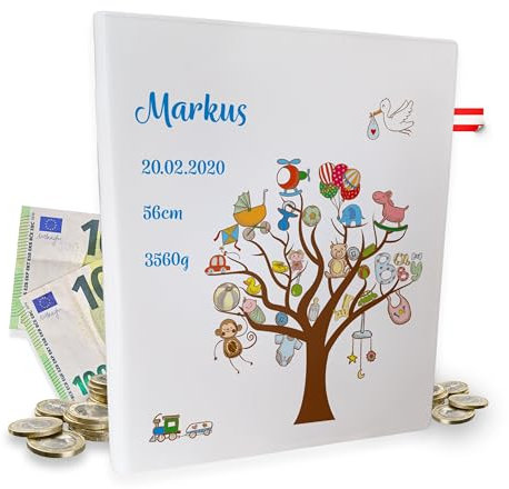 Spardose personalisiert Geburt Junge - Geldgeschenk zur Geburt - Sparbuch für Baby - Geld Geschenk werdende Mutter Vater - personalisierbare Sparbüchse - aus Österreich