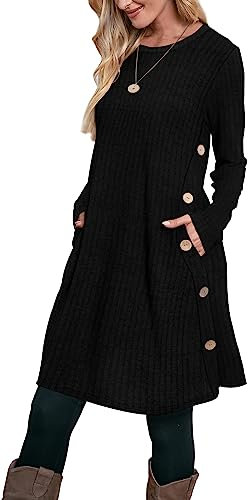 Aokosor Women's Long Sleeve Tunic Dress with Pockets and Side Buttons - Size 22-24 Black