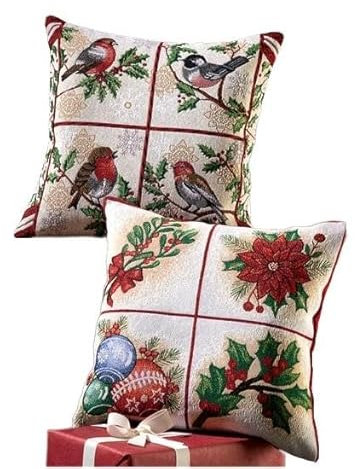 Dreams Gobelin Kissenhülle Vögel und Weihnachten, 2er-Set, ca. 40x40 cm