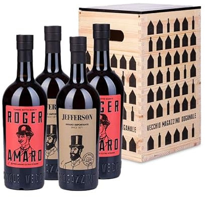 2 pz.Jefferson Amaro Importante da 700 ml + 2 pz. Roger da 700ml In CASSETTA LEGNO GIOCHIAMO A TRIS Limited edition - Idea Regalo per Natale - Originale Vecchio Magazzino Doganale