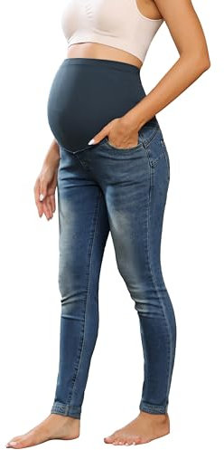 Maacie Pantalon de maternité long élastique en jean pour grossesse confortable printemps été, Bleu foncé avec ourlets roulés, L