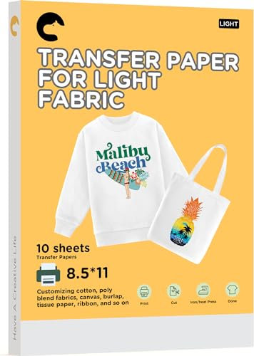 Hiipoo Leichtes Wärmetransferpapier, 21,6 x 27,9 cm, Transferpapier zum Aufbügeln, für T-Shirt-Blätter, bedruckbares und waschbares Transferpapier für Tintenstrahldrucker, 10 Stück