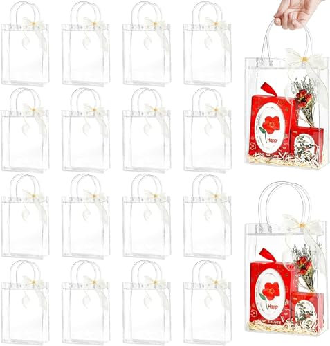 Socluer 24 Stück Klare Geschenktüte mit Griffen, 23 x 17 x 7 CM Durchsichtige Plastiktüte Wiederverwendbare Geschenke Verpackungen für Party Geburtstag Hochzeit