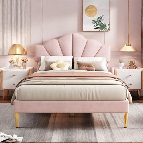 Lit 140x200 avec sommier,Lit capitonné 140 x 200 cm,lit 2 Personnes en Velours,avec Pieds en Fer doré,tête réglable en Hauteur, sommier à Lattes en Bois,Rose