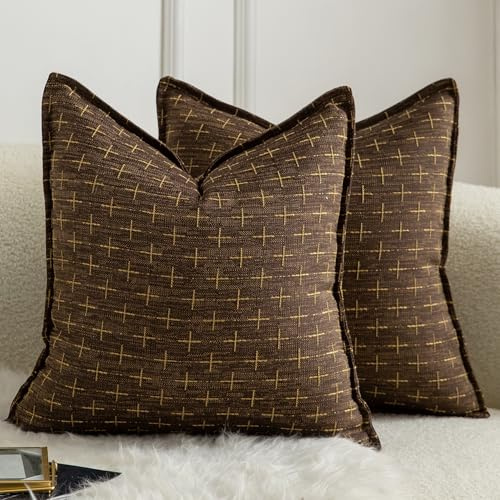 Mandioo 2er Set Kissenbezug Hanftuch Weben Textur Modern Bauernhaus Kissenbezüge Kissenhülle Dekorieren Zierkissenbezug Sie Wohnzimmer Sofa Schlafzimmer Bett 40x40cm Tiefbraun