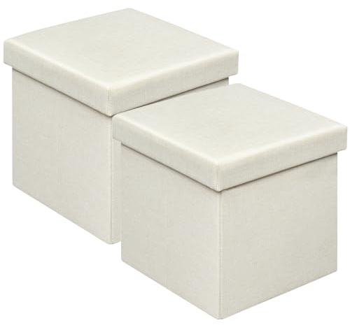 Klihome 2er Set Sitzhocker mit Stauraum, Faltbare Sitztruhe, Sitzwürfel aus Leinen, 30x30x30 cm, Aufbewahrungsbox mit abnehmbarem Deckel, gepolsterter Hocker als Fußablage, Cream