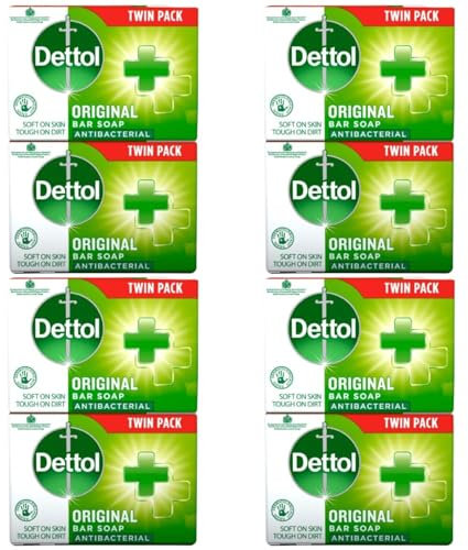 Dettol Soap Original Antibacterial Bar - 4 Twin Pack, 8 x 100g Antibacterial Hand & Body Soap Bar – Disinfects and Kills 99.99% of Germs, Ideal for Handwashing and Cleansing