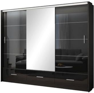 AGMAT-FURNITURE Schwebetürenschrank Bolonia 250, 3 Türen Kleiderschrank mit 1 Spiegel, Moderne Garderobe, Schrank in Größe: 255 x 225 x 61 cm