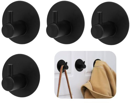 eModwey Crochet Adhesif Mural Noir 4 Pièces, Patere Salle de Bain en Acier Inoxydable Noir, Lot de 4, Installation Sans Perçage pour Cuisine, Salle de Bain et Chambre, Porte-Serviettes