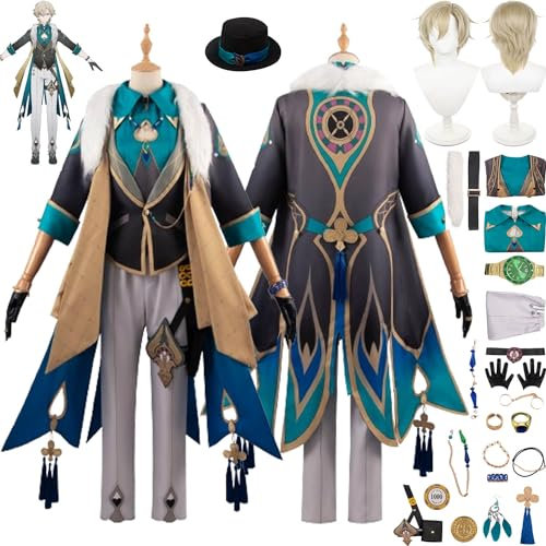 bbganlian Honkai Star Rail Aventurin Cosplay Kostüm Outfit Spiel Charakter Uniform Komplettes Set Halloween Party Karneval Dress Up Anzug mit Hut Perücke Ohrringe Uhr für Männer (XL)