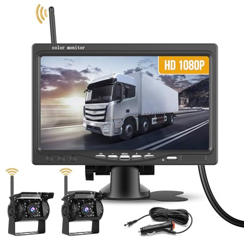 Hikity Kabellos Rückfahrkamera Set mit BSD Daueraufnahme 7Zoll Monitor Wireless Einparkhilfe Autokamera Set mit 2 IP68 wasserdichte Nachtsicht Drahtlose Rückfahrkamera für LKW/Van/Wohnmobil/Anhänger