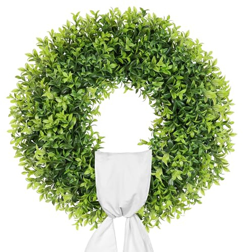 petalyn 22 Inch Artificial Boxwood Wreaths for Front Door, Summer Door Wreath with Sash, Spring Green Wreath Weatherproof for Wall Window Porch Farmhouse Wedding Decor All Year Round Indoor Outdoor