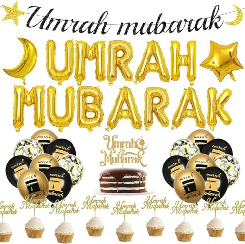 Umrah Mubarak Decoration, Decoration Set, Foil Balloons, Cake Topper, Cupcake Topper, Balloons (Umrah XL)