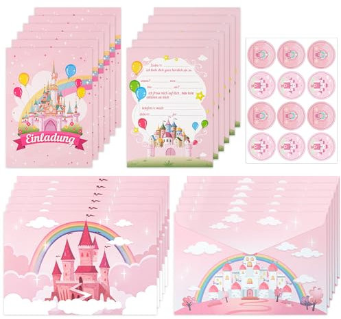 MINISOISO 12x Einladungskarten Kindergeburtstag Mädchen, Deutsche Einladungskarten, Rosa Schloss Einladung zum Kinder Geburtstag für Jungen und Mädchen, Partyeinladungen Einladungen Kinder