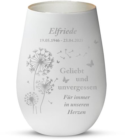 Love Faith - Unvergessen - Personalisiertes Trauerlicht als Andenken an Verstorbene - Windlicht, weiß & Silber