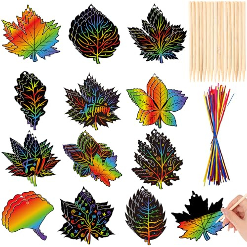 HOWAF 36pcs Herbst Kratzbilder für Kinder Erwachsene, Herbstblätter Kratzpapier mit 10 Holzstiften und Bändern zum Aufhängen Herbstdeko Herbstblätter Deko Herbst Basteln Mit Kindern Herbst Geschenke
