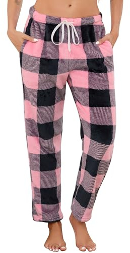 Vlazom Pantalon de Pyjama Femme Hiver Flanelle Bas de Pyjama à Carreaux avec Poche Taille Ajustable，Rose + Noir，M