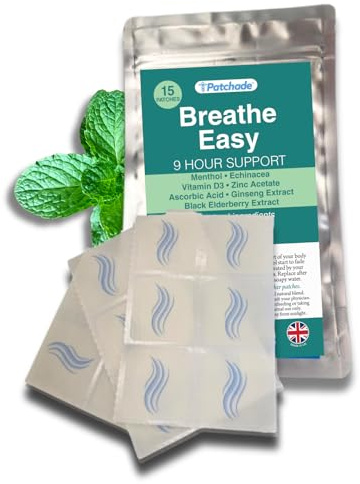 Natural Breathe Easy Patches (15) Drug-Free Blocked Nose Relief with Menthol, Ginseng, Purple Coneflower, Zinc, Elderberry & Menthol for Stuffy Noses, Vegan, Waterproof, Made in UK, 2 Week Supply