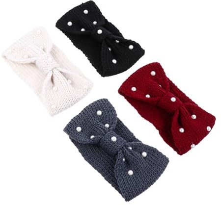 Ipetboom 4pcs Women's Knitted Woolen Headbands Bowknot Pearl Hair Bands Winter Elastic Headwraps for Ladies Cold Weather