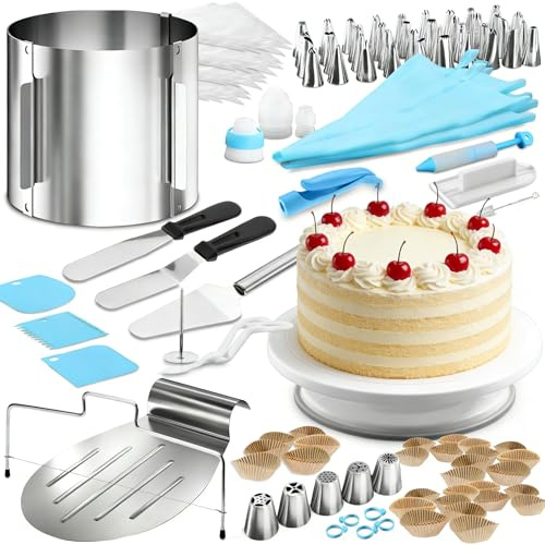 4smile Torten-Zubehör-Set 144 Teile - Tortenring verstellbar hoch 30 cm + Tortenschneider + Tortenheber + Streichwerkzeug + Tortenplatte drehbar + XXL Torten-Deko Set