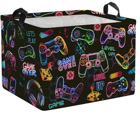HUUMONSS Gaming Groß Wäschekorb Spielekonsolen-Controller Stoff Aufbewahrungskorb Kleidung Spielzeug Aufbewahrungsbox für den Heimgebrauch/den Außenbereich, Schwarz, 36L