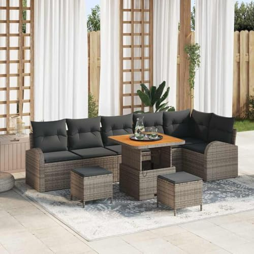 Owoxanthellate 9-Teiliges Gartenmöbel Loungeset Grau Poly-Rattan 69 cm hoch Modular Stahlbeine Höhenverstellbarer Tisch für Balkon Terrasse und urbanes Patio