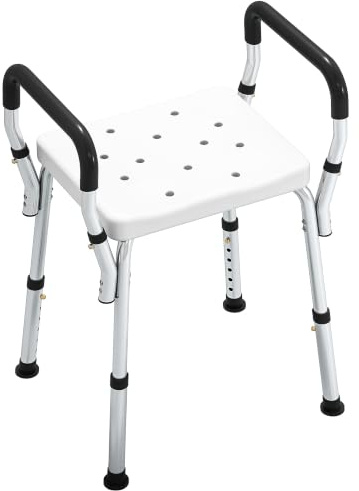 HOMCOM Tabouret de Douche avec Accoudoirs, Hauteur Réglable, Blanc | Chaise de Douche pour Personnes Âgées et Handicapées, Patins Antidérapants, Chaise de Bain en Aluminium Antirouille