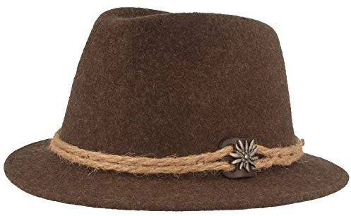 Breiter Herren Trachtenhut Filzhut Wanderhut Tiroler-Art 100% Wolle mit Hanfkordel, Edelweiss & schmaler Krempe Braun M