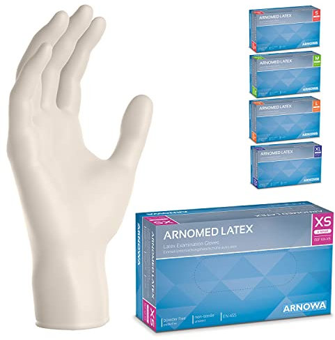 ARNOMED 100x Einweghandschuhe XS, Latexhandschuhe Weiß (1x100 Stück), Einweghandschuhe puderfrei, Handschuhe Latex Einweg, Putzhandschuhe, Latex Handschuhe, Einmal-/Einweg-Handschuhe XS, S, M, L & XL